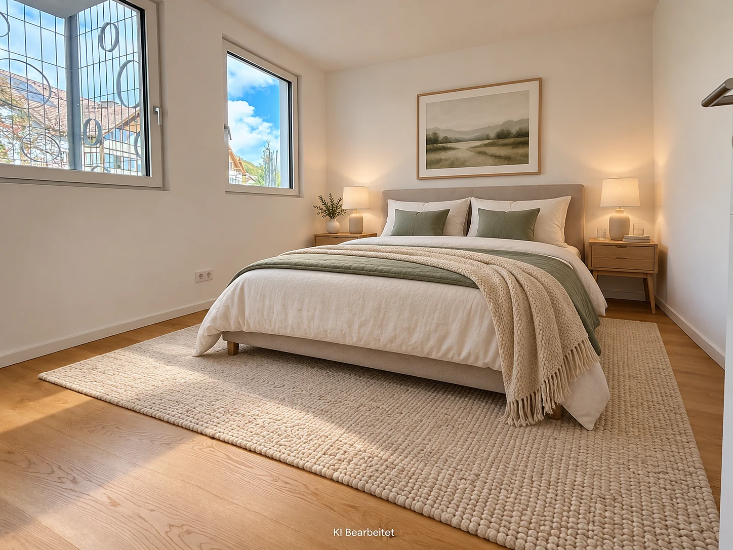 Schlafzimmer mit beispielhafter Einrichtung (KI-bearbeitet): Doppelbett, Nachttische und zwei Fenster