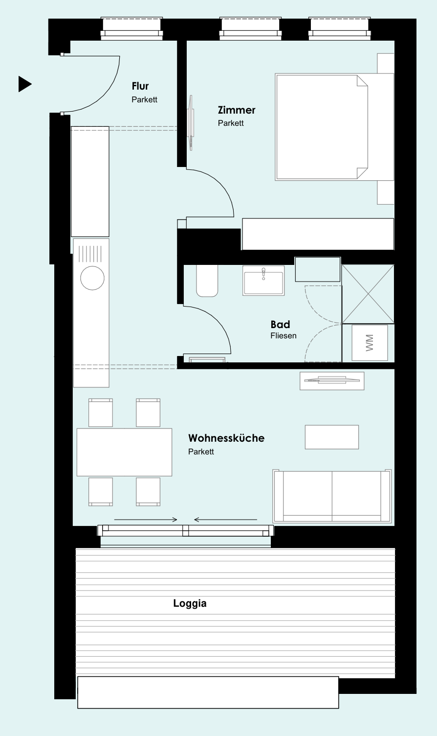 Grundriss Top 3: Eingang mit Flur, Schlafzimmer, Bad, offene Wohnessküche und Loggia